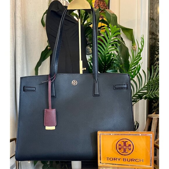 Tory Burch Walker Robinson Black Leather Tote Bag With Burgundy Tag & Gold Hardw - Picture 1 of 11